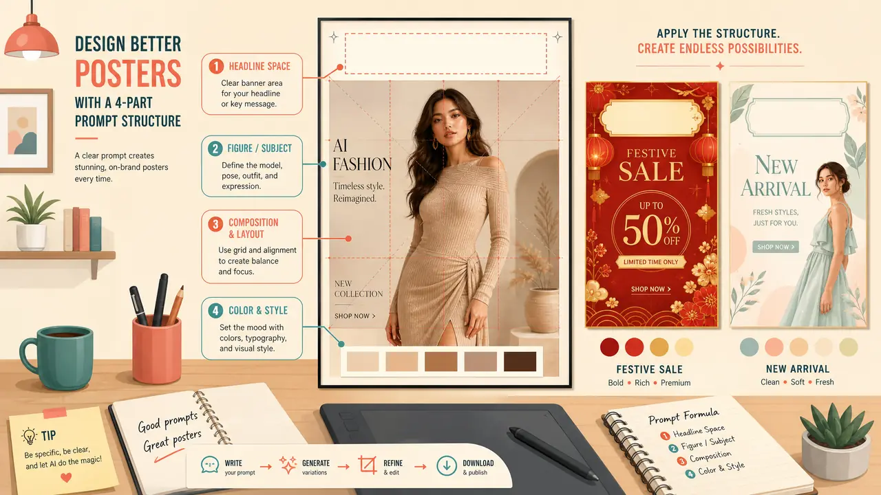 模特海报ai指令怎么写？竖版海报四段结构与活动模板实测