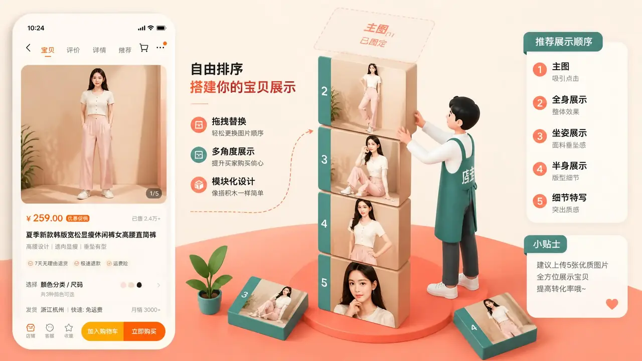 淘宝ai模特塔怎么排？主图2-5位塔式排图与差异化实测