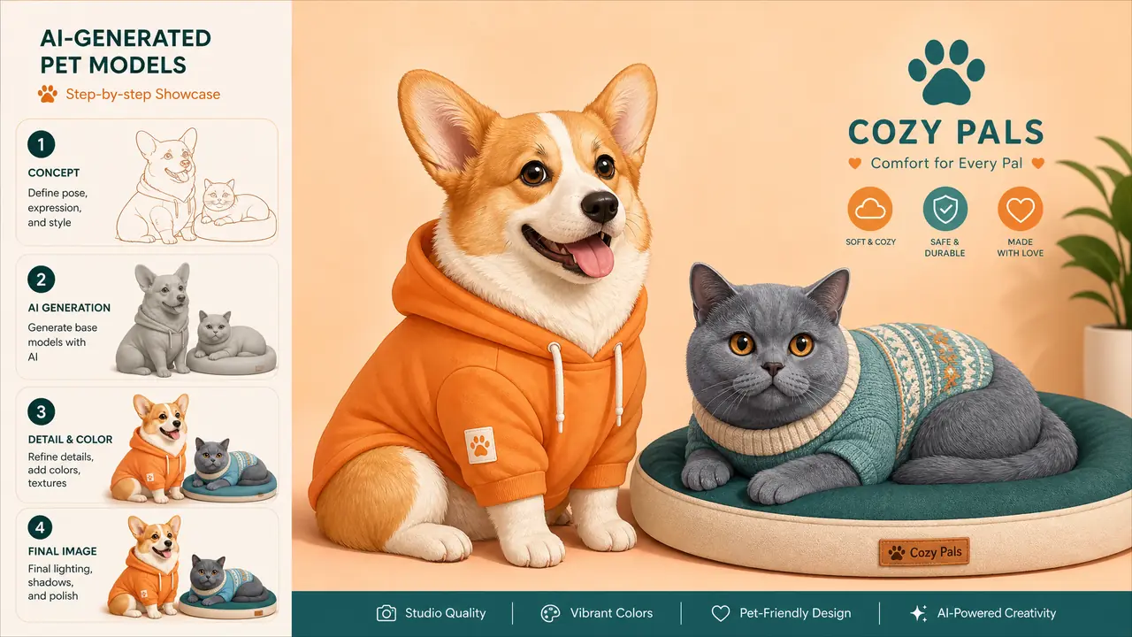 AI创作动物模特实操：猫狗服饰展示图的品种还原与姿态控制实测